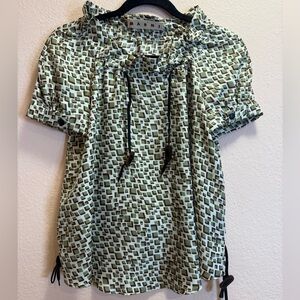 Marni Light Green and Brown Geometric Drawstring Short Sleeve Top Silk 38
